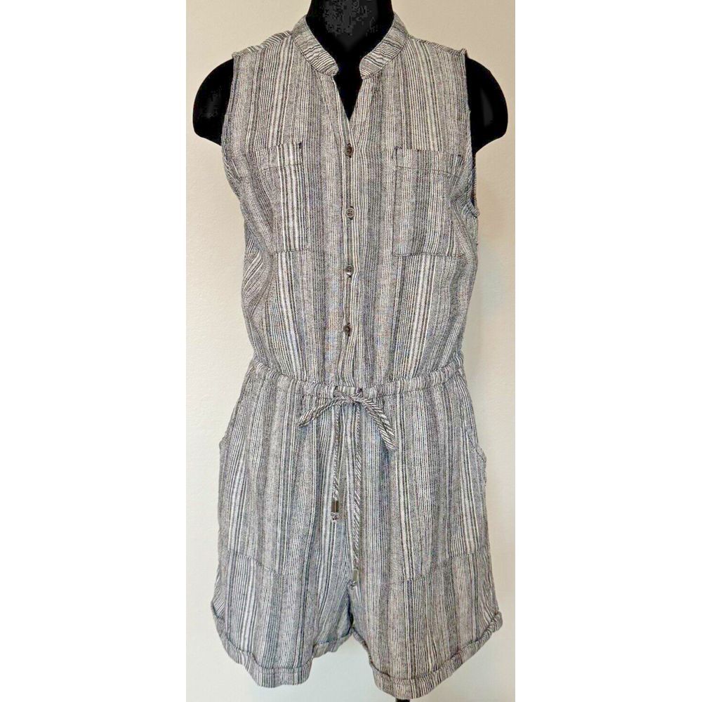 Kelly Renee Romper Women Large Linen Black & White Pinstripe Button Up Jumpsuit